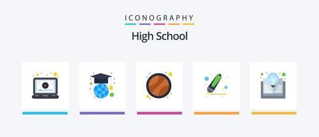paquete de iconos de 5 planos de escuela secundaria que incluye. bulbo. deporte. libro. marcador. diseño de iconos creativos vector