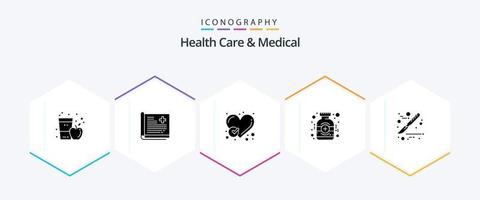 cuidado de la salud y paquete de iconos de 25 glifos médicos que incluye medicamentos. botella. informe. como. hecho vector