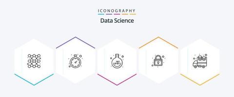 Data Science 25 Line icon pack including big data. rack. time analysis. protection. binary code vector