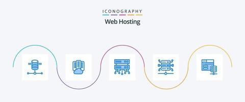 paquete de iconos azul 5 de alojamiento web que incluye web. servidor de red servidor de base de datos. base de datos. red vector