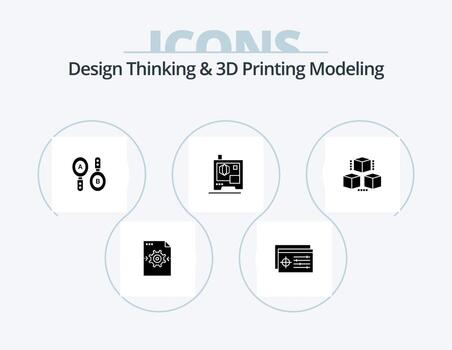 pensamiento de diseño e impresión d modelado glifo icono paquete 5 diseño de iconos. informática. caja. investigación. escáner. impresora vector