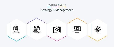 paquete de iconos de 25 líneas de estrategia y gestión que incluye informe. negocio. cronograma. promover. puesta en marcha vector