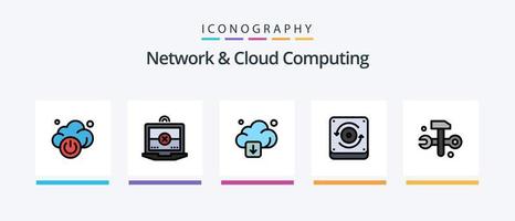 La línea de red y computación en la nube llenó un paquete de 5 íconos que incluye tecnología. nube. conexión. transferir. móvil. diseño de iconos creativos vector