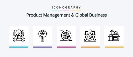 gestión de productos y paquete de iconos de la línea de negocios global 5 que incluye el producto. caja. rápido. producto abierto. delegando diseño de iconos creativos vector
