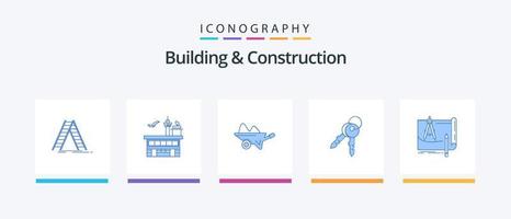 paquete de iconos azul 5 de construcción y construcción que incluye puerta. herramientas. transporte. jardinería. granja. diseño de iconos creativos vector