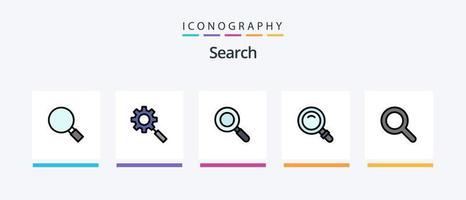 la línea de búsqueda llenó el paquete de 5 iconos, incluido el reloj. investigación. buscar. buscar. aumentador. diseño de iconos creativos vector