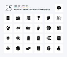 Office Essentials And Operational Exellence 25 Solid Glyph icon pack including process. zoom. notepad. e search. search vector