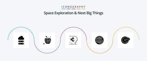 exploración espacial y próximas grandes cosas, paquete de iconos de glifo 5 que incluye pensar. globo. electrónico. mundo. humano vector