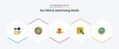 Seo Web And Advertising Media 25 Flat icon pack including page search. search. process. page. satellite vector