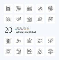paquete de iconos de 20 líneas médicas como cuidado amor documento corazón pulso vector