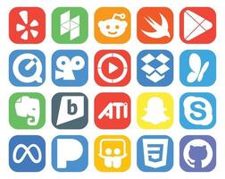 Paquete de 20 íconos de redes sociales que incluye chat snapchat windows media player ati evernote vector
