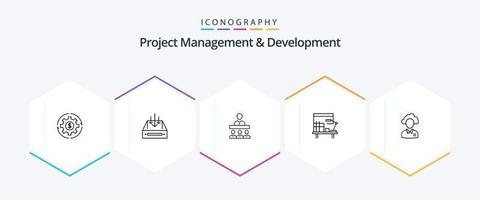 Project Management And Development 25 Line icon pack including workplace. teamwork. mail. team. parcel vector