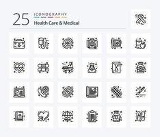 cuidado de la salud y paquete de iconos de 25 líneas médicas que incluye caja. primero. cuidado. emergencia. firmar vector