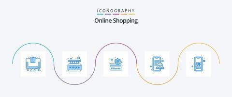 paquete de iconos azul 5 de compras en línea que incluye dispositivos móviles. carro. tarjeta de crédito. venta. en línea vector