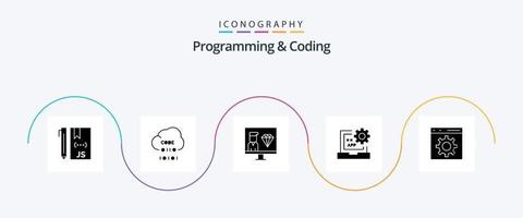 Programming And Coding Glyph 5 Icon Pack Including development. coding. programmer. programming. develop vector