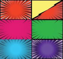 Comic book colorful frames background with halftone rays radial and dotted effects pop art style vector