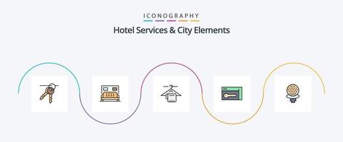 Hotel Services And City Elements Line Filled Flat 5 Icon Pack Including sport. room. hanger. key. browser vector