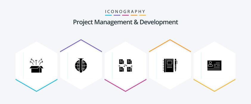 Project Management And Development 25 Glyph icon pack including notebook. sketch notebook . market. privacy. folder vector