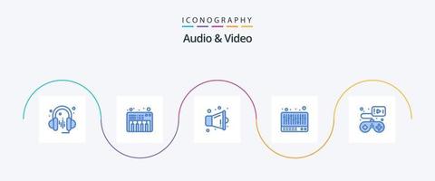 Paquete de 5 íconos azules de audio y video que incluye . videojuego. vocero. mando controlador vector