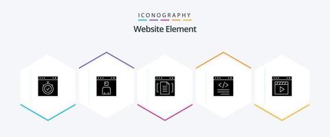 paquete de iconos de 25 glifos del elemento del sitio web, incluida la codificación. navegador. página. interfaz. documento vector