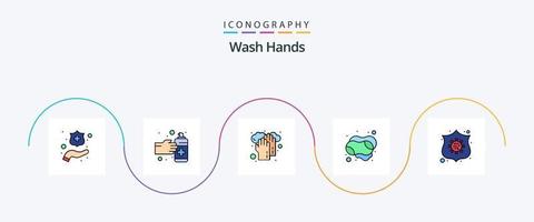 paquete de iconos de 5 planos llenos de línea de lavado de manos que incluye escudo. proteccion. manos. jabón de mano. mano vector
