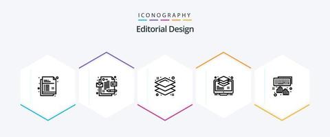 paquete de iconos de 25 líneas de diseño editorial que incluye programación. manos.monitor. capas vector