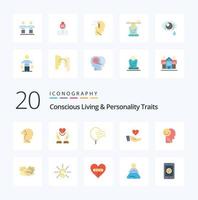 20 Concious Living And Personality Traits Flat Color icon Pack like giving charity heart stress blow vector
