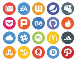 Paquete de 20 íconos de redes sociales que incluye spotify slack myspace icloud github vector