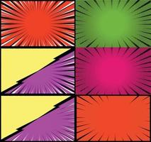 Comic book colorful frames background with halftone rays radial and dotted effects pop art style vector