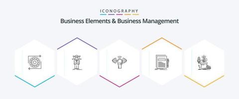 Business Elements And Business Managment 25 Line icon pack including file. business. network. sport. lifting vector