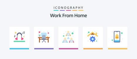 Work From Home Flat 5 Icon Pack Including notification. management. team work. house. building. Creative Icons Design vector