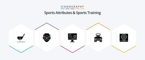 Sports Atributes And Sports Training 25 Glyph icon pack including game. building. shield. stream. soccer vector