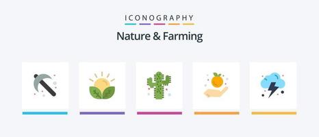 Nature And Farming Flat 5 Icon Pack Including power. farming. garden. apple. farming. Creative Icons Design vector