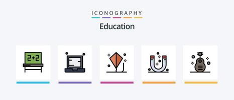 la línea de educación llenó el paquete de 5 iconos, incluida la educación. edificio. libro sagrado. negativo. imán. diseño de iconos creativos vector