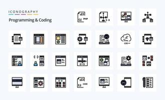 paquete de iconos de estilo lleno de línea de programación y codificación de 25 vector