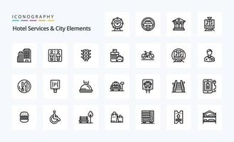 25 servicios de hotel y paquete de iconos de línea de elementos de la ciudad vector