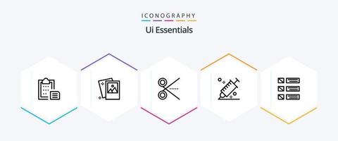 Ui Essentials 25 Line icon pack including design. color. photography. ui. scissors vector