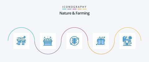 Nature And Farming Blue 5 Icon Pack Including barn. farming. grow. insects. butterfly vector