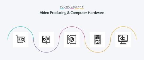 paquete de iconos de línea 5 de producción de video y hardware de computadora que incluye la nube. sólido. UPC. hardware. disco vector