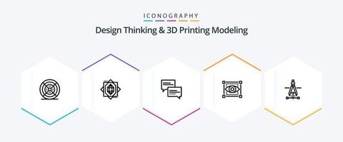 Design Thinking And D Printing Modeling 25 Line icon pack including drawing. eye. chat. sketching. visual vector