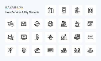 25 Hotel Services And City Elements Line icon pack vector