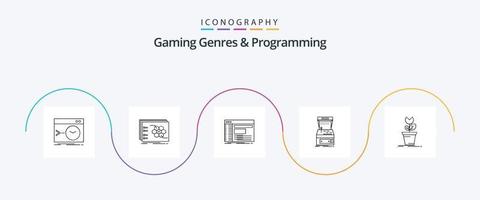 Géneros de juegos y paquete de íconos de la línea 5 de programación, incluida la consola. táctica. software. panel vector