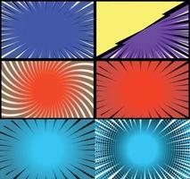 Comic book colorful frames background with halftone rays radial and dotted effects pop art style vector