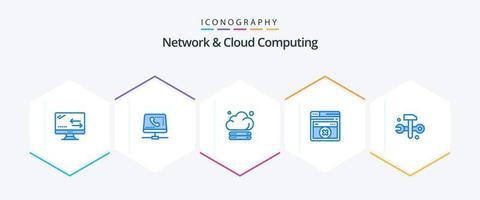 Paquete de 25 íconos azules de red y computación en la nube que incluye bases de datos. tecnología de error informática. web. tecnología vector