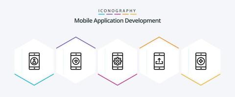 Mobile Application Development 25 Line icon pack including upload. mobile application. heart. mobile. setting vector