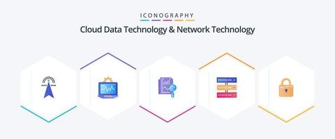 tecnología de datos en la nube y tecnología de red 25 paquetes de iconos planos que incluyen bloqueo. almacenamiento. informática. datos . informática vector