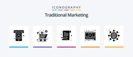 paquete de iconos de glifo 5 de marketing tradicional que incluye redes. video. compras. mensaje. bloc de notas diseño de iconos creativos vector