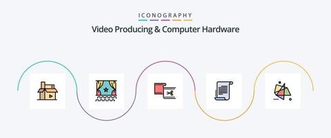 la producción de video y la línea de hardware de la computadora llenaron el paquete de iconos planos 5 que incluye el escenario. decreto. actuación. película. editar vector