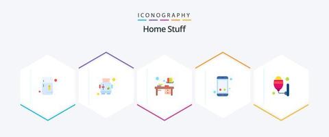 paquete de iconos planos de 25 artículos para el hogar que incluye luz. contacto. escritorio. teléfono inteligente móvil vector
