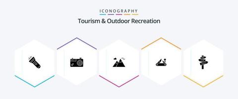 paquete de iconos de 25 glifos de turismo y recreación al aire libre que incluye dirección. cuchillo de bolsillo. montañas. herramienta multiple. ejército vector